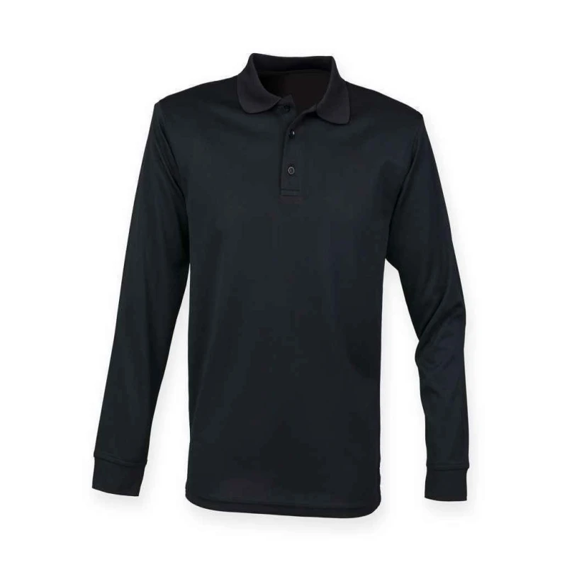 Image of Henbury Mens Long Sleeve Coolplus Piqu Polo Shirt in Black Size: XS Black Male XS