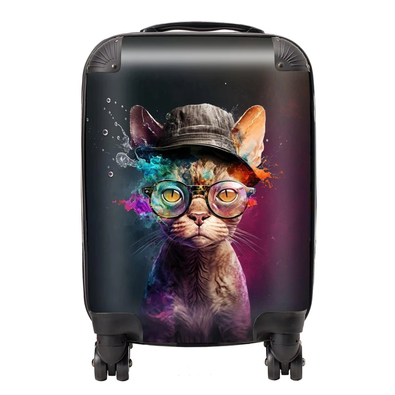 Image of Warren Reed - Designer Devon Rex Cat With Hat Splashart Suitcase Size: Medium Multicolor Unisex Medium