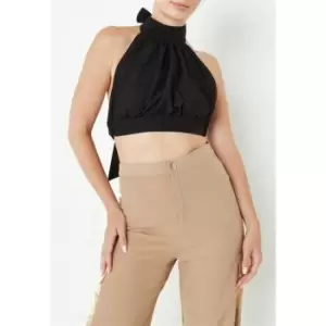 Image of Missguided Petite Tie Back Halterneck Crop Top - Black