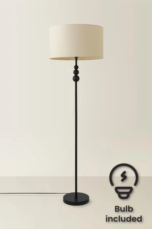 Image of ValueLights Marissa Fabric Drum Shade with Black Stacked Ball Floor Lamp and LED Bulb Nude