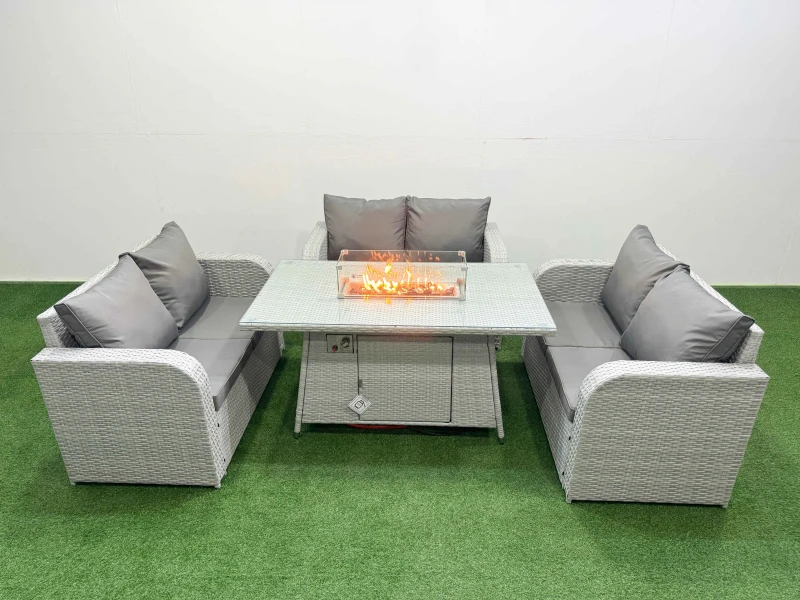 Image of Fimous 6 Seater PE Wicker Rattan Furniture Sofa Sets with Firepit Dining Table 2 Seater Love Sofa Light Grey Light Grey