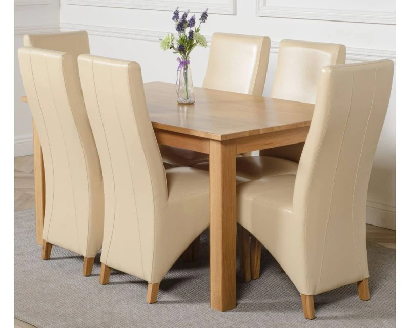 Image of Thats Furniture Oslo 150 x 90cm Medium Oak Dining Table & 6 Lola Leather Chairs in Cream Cream Unisex 150 x 90 cm