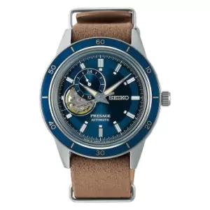 Image of Seiko Presage Style 60s Automatic Blue Dial Beige Leather Strap Mens Watch SSA453J1