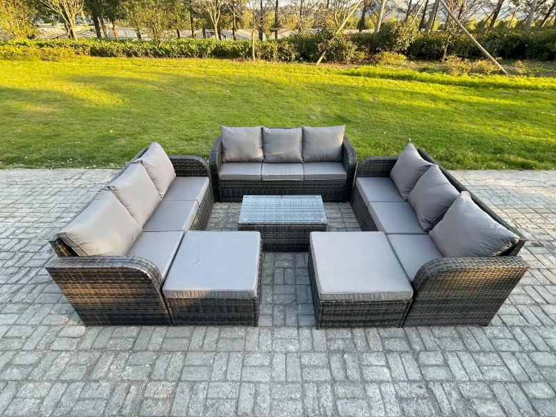 Image of Fimous Wicker PE Rattan Garden Furniture Set 11 Seater Outdoor Lounge Sofa Set with Coffee Table 2 Big Footstool Dark Grey Mixed Dark Grey