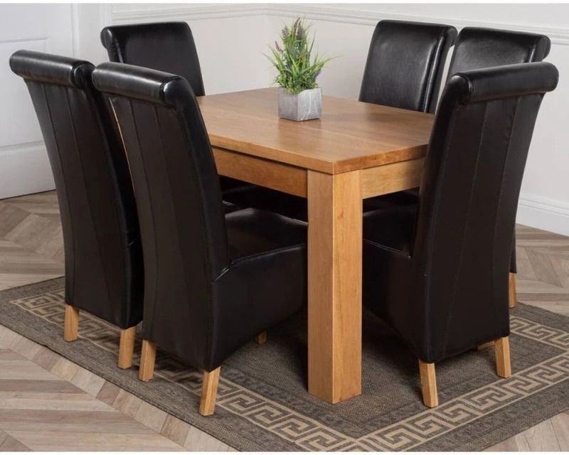 Image of Thats Furniture Dakot 127 x 82cm Oak Small Dining Table & 6 Montana Leather Chairs in Black Size: 127 x 82cm Black Unisex 127 x 82 cm