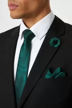 Image of Mens Forest Green Wedding Paisley Tie Set With Lapel Pin