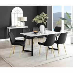 Image of Furniture Box Carson White Marble Effect Dining Table and 6 Black Pesaro Gold Leg Chairs