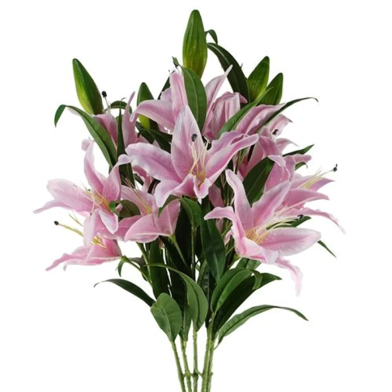Image of Leaf Pack of 6 x 100cm Large Pink Lily Stem - 3 Flowers Pink