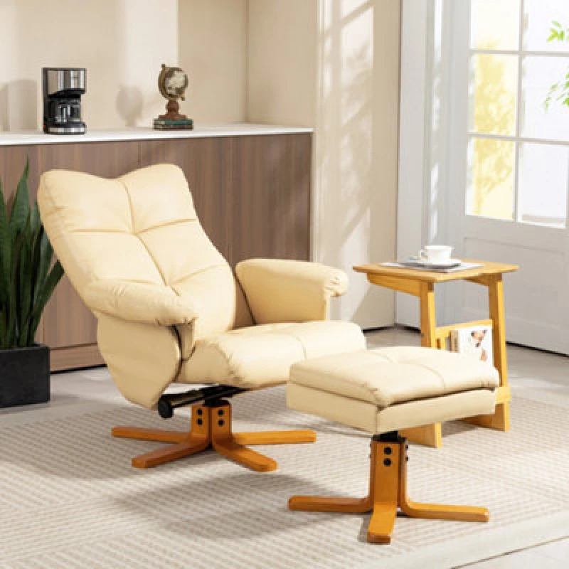 Image of HOMCOM HOMCOM Recliner Chair and Footstool PU Leather Wooden Base, Beige Beige One Size Unisex 5063603065543