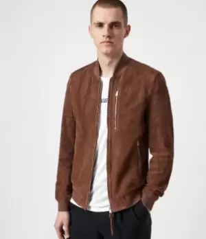 Image of AllSaints Mens Kemble Suede Bomber Jacket, Bitter Brown, Size: S