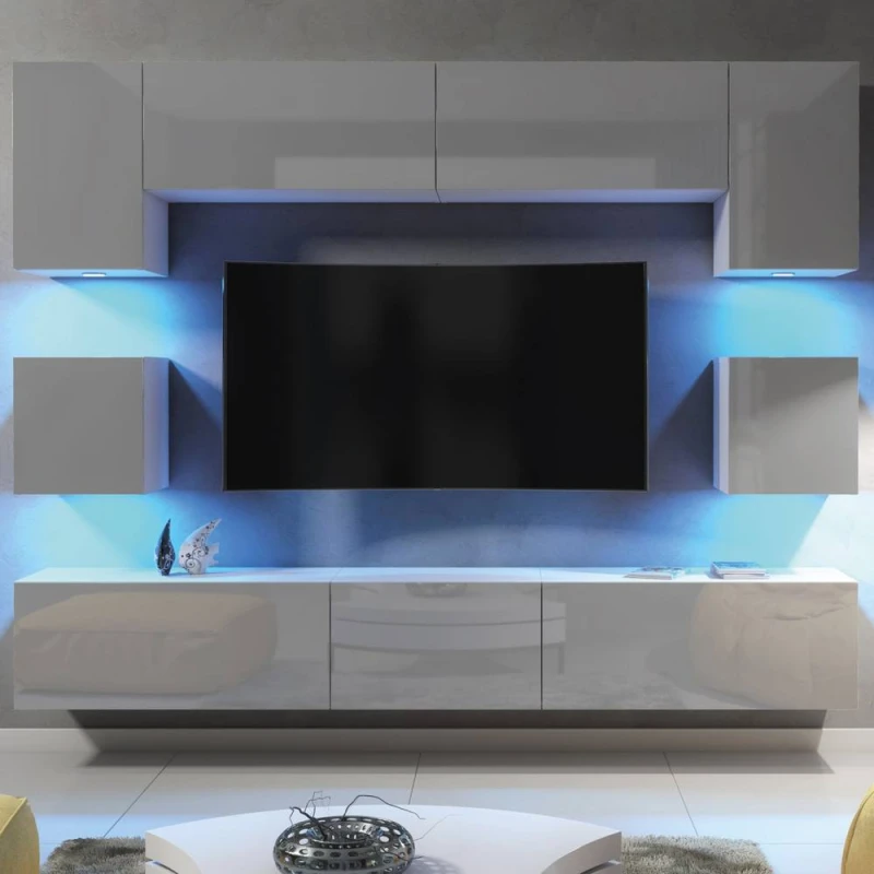 Image of Creative Furniture Panorama Wall TV Unit - White & Grey Gloss Doors & LED Lights Multicolor Unisex
