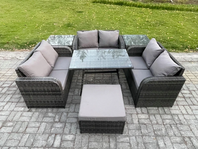 Image of Fimous Rattan Garden Furniture Set 7 Seater Patio Outdoor Love Sofa Set with Rectangular Dining Table 2 Side Tables Dark Grey Mixed Dark Grey