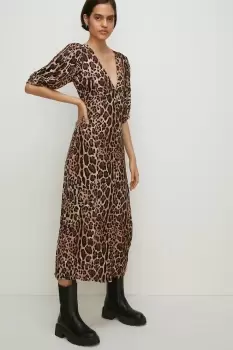 Image of Animal Print Puff Sleeve Button Midi Dress