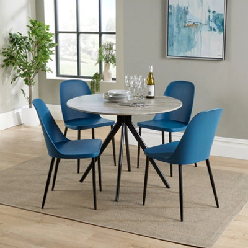 Image of Core Products Aspen Grey Oak Effect 100Cm Round Dining Table With 4 Blue Plastic Duo Design Chairs