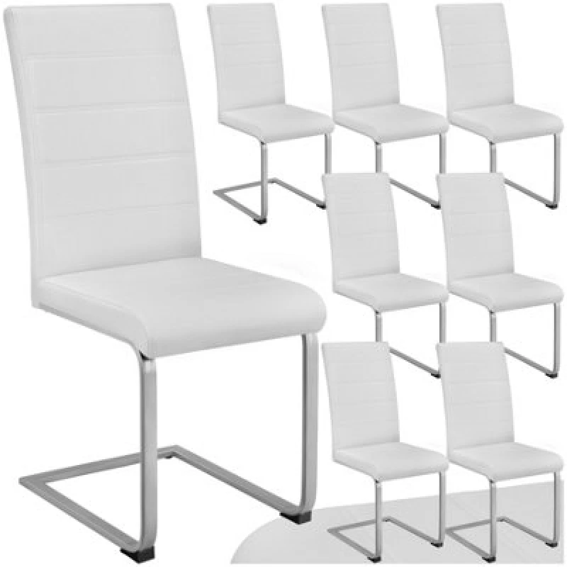 Image of Tectake Set Of 8 Dining Chairs - Cantilevered, High Backrest, Flat Steel Frame - White