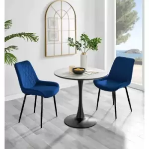 Image of Furniture Box Elina White Marble Effect Round Dining Table and 2 Navy Pesaro Black Leg Chairs
