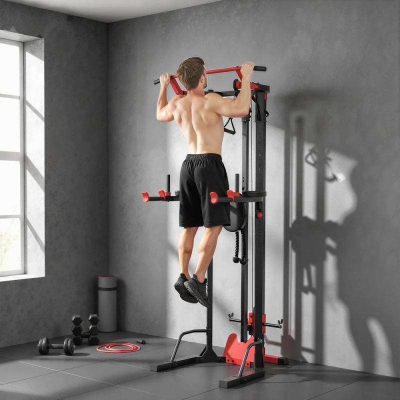 Image of SPORTNOW Power Tower with Lat Pull Down Machine, Pull Up Bar, Dip Station in Black Unisex