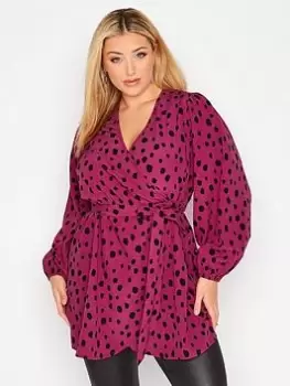 Image of Yours Balloon Sleeve Wrap Top - Pink/Black, Pink, Size 20, Women