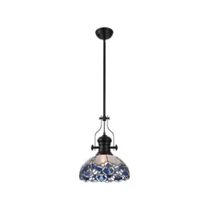 Image of Worcester, Ceiling Pendant E27 With 30cm Tiffany Shade, Matt Black, Blue, Clear Crystal