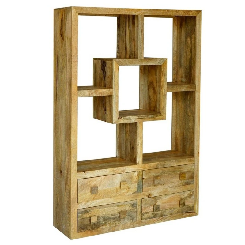 Image of Jaipur Furniture Ltd Yoga Straight Bookcase with 4 Drawer - Mango Wood - L35 x W120 x H175cm - Light Finish in Brown Brown Unisex