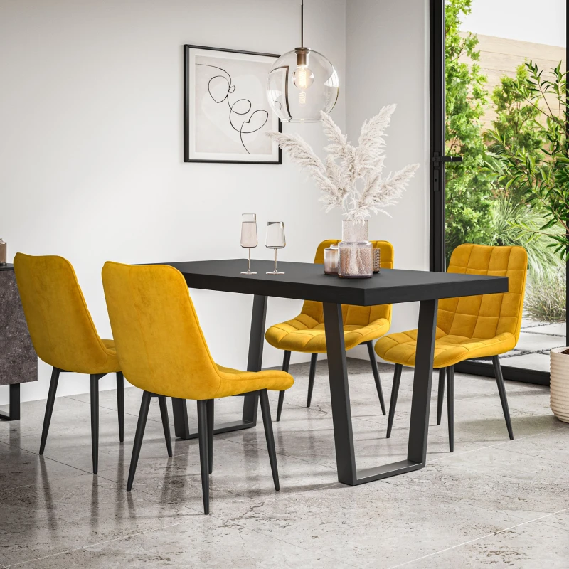 Image of More4Homes Aria Dining Table And Chairs - Black Table Top W Black Legs + Nova Velvet Dining Chair Set Of 4 (Mustard)