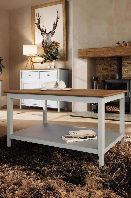 Image of FW Style Taberno Solid Oak Coffee Table Cream Linen, Cream TABCOFFWH