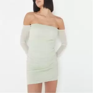 Image of Missguided Bardot Ruched Mesh Mini Dress - Green