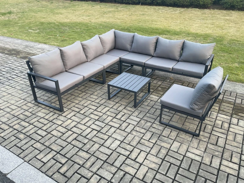 Image of Fimous 8 Seater Patio Outdoor Garden Furniture Aluminium Lounge Corner Sofa Set with Square Coffee Table Dark Grey Dark Grey Unisex