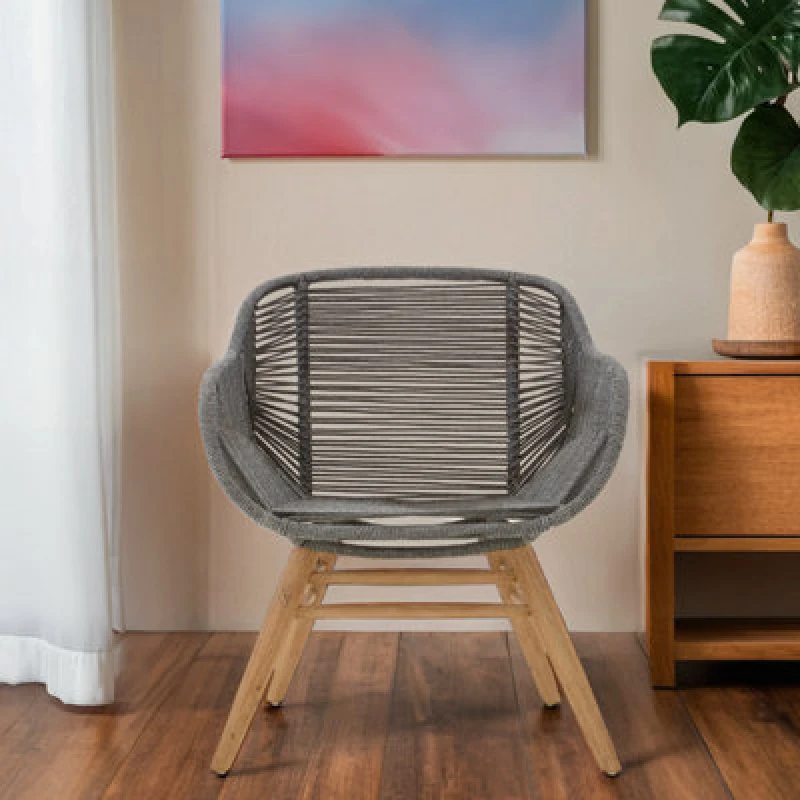 Image of Orsina Grey Rope Armchair, Back & Armrest Garden Armchair, Eco-Friendly Rope Desk Chair, Lightweight Dining Chair