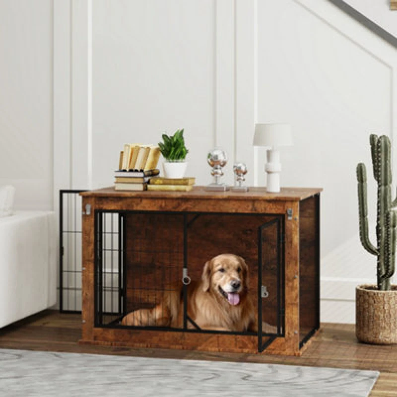 Image of PawHut Dog Crate Furniture with Flip-up Top, 2 Doors Brown