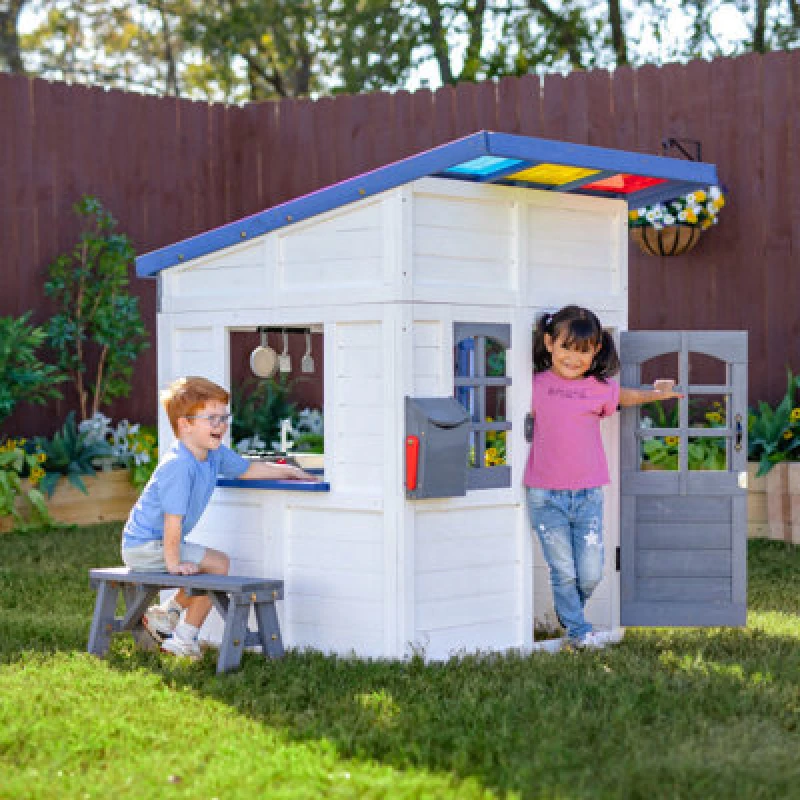 Image of Teamson Kids Rainbow Shade Outdoor Wooden Playhouse, White T-OD-0062-00A