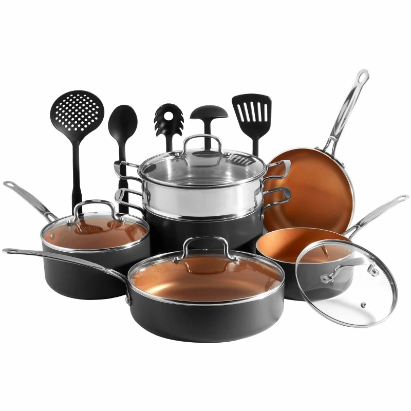 Image of Vonshef Pots & Pans Set, 11Pc Induction Safe, Non-Stick Saucepan & Frying Pans With Kitchen Utensils & Glass Lids