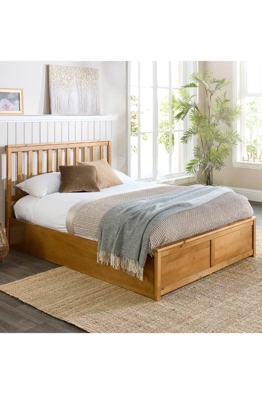 Image of Aspire Wooden Ottoman Storage Bed in Natural Size: Double Natural Unisex Double