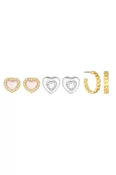 Image of Two Tone Crystal And Pearl Heart Stud Earrings - Pack of 3