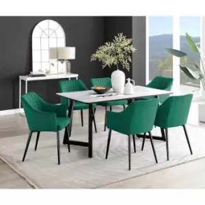 Image of Furniture Box Carson White Marble Effect Dining Table and 6 Green Calla Black Leg Chairs