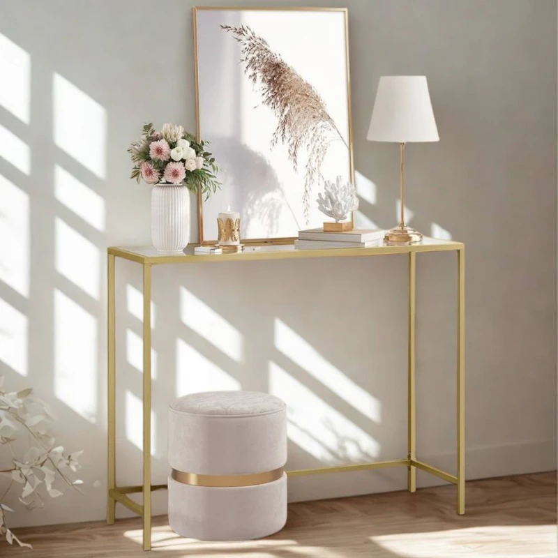 Image of Pirlo Plush Tempered Glass Console Table for Hallway Living Gold Gold Unisex
