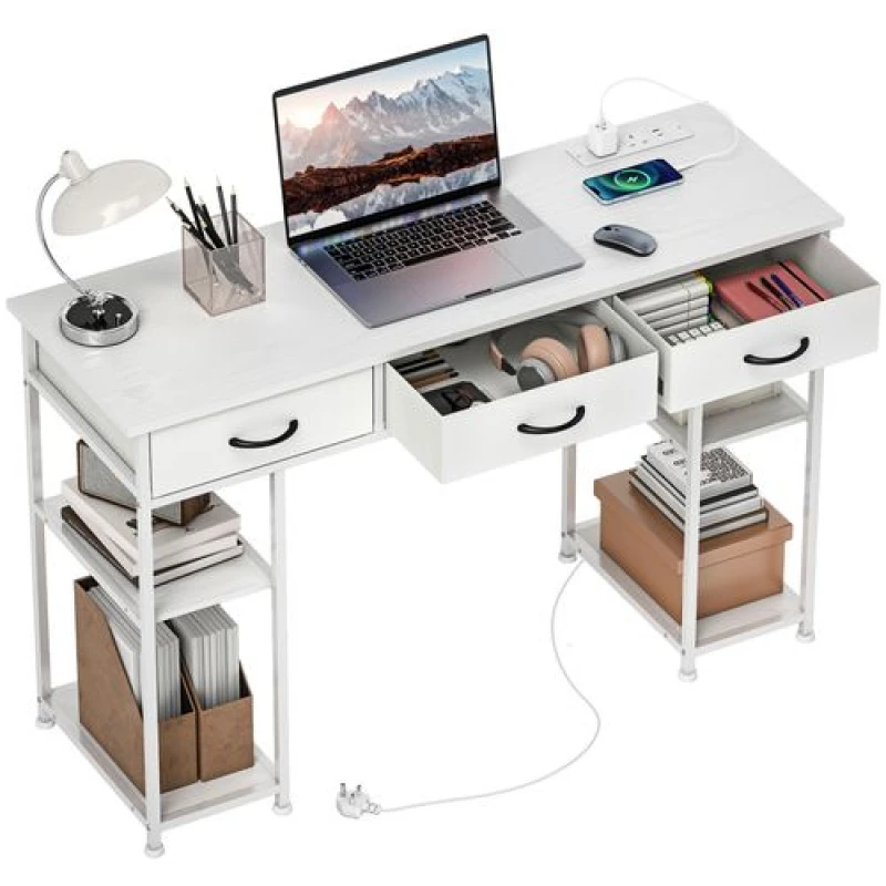 Image of HOMCOM HOMCOM Computer Writing Desk with Power Outlets, Drawers, Shelves, White White One Size Unisex 5063603191945