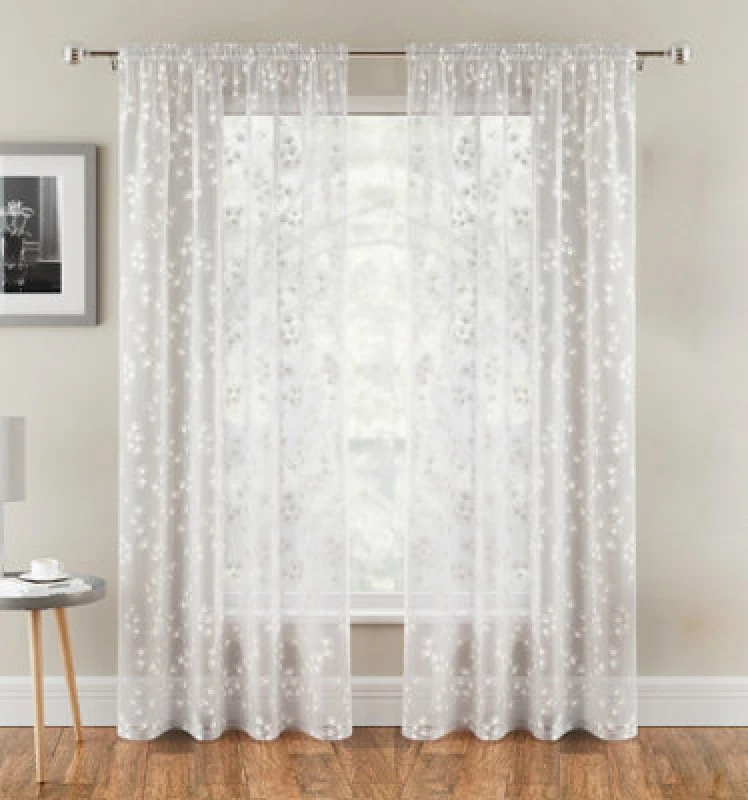 Image of Tyrone Textiles Delila Leaf Print Voile Panel - Pair White unisex 145x183cm