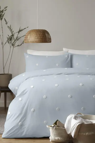 Image of Appletree 'Dot Garden' 100% Cotton Embellished Duvet Cover Set Duck Egg Blue
