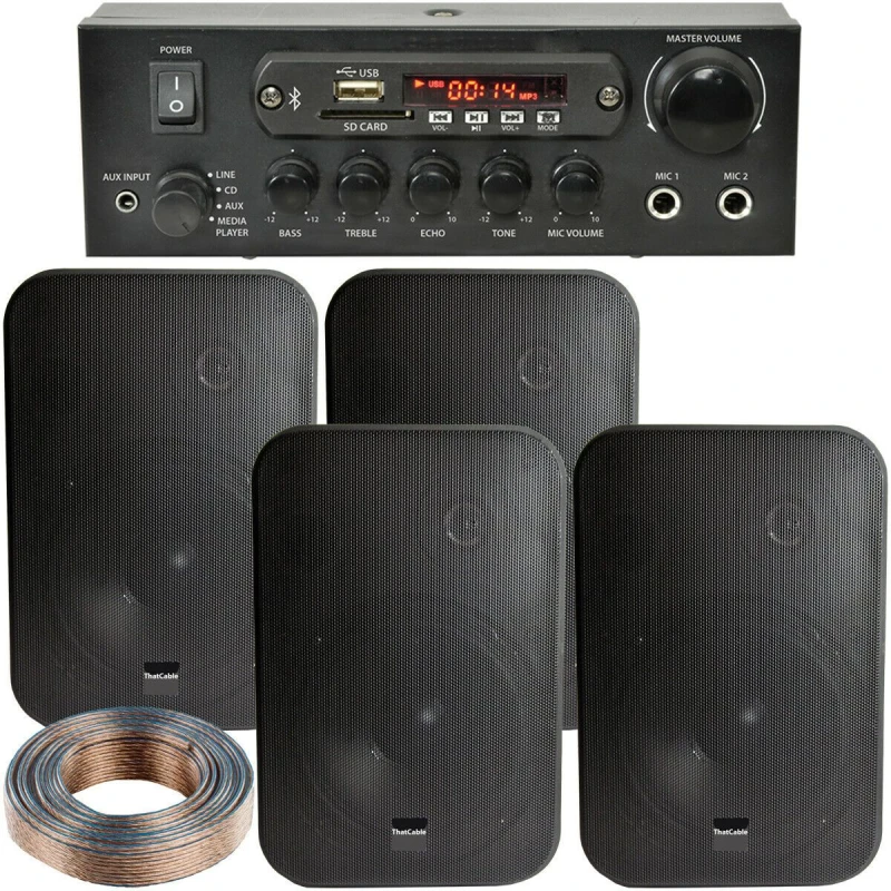 Image of Loops Bluetooth Sound System 4x Black 200W Wall Speakers - 2 Channel Stereo Amplifier Black unisex