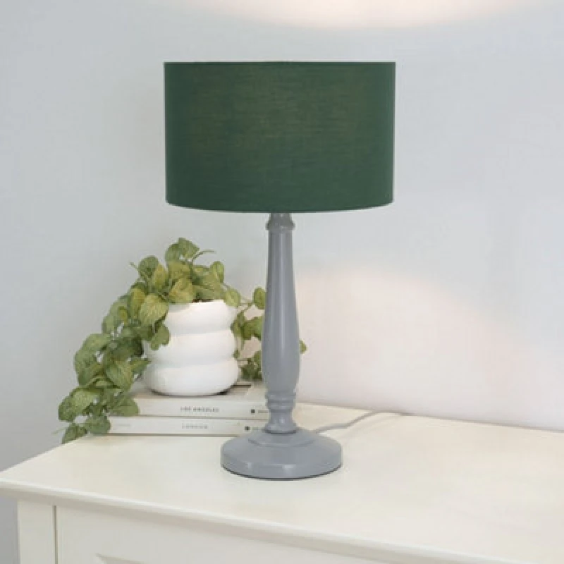 Image of ValueLights Victoria Grey Wood Traditional Table Lamp with Fabric Drum Shade Green