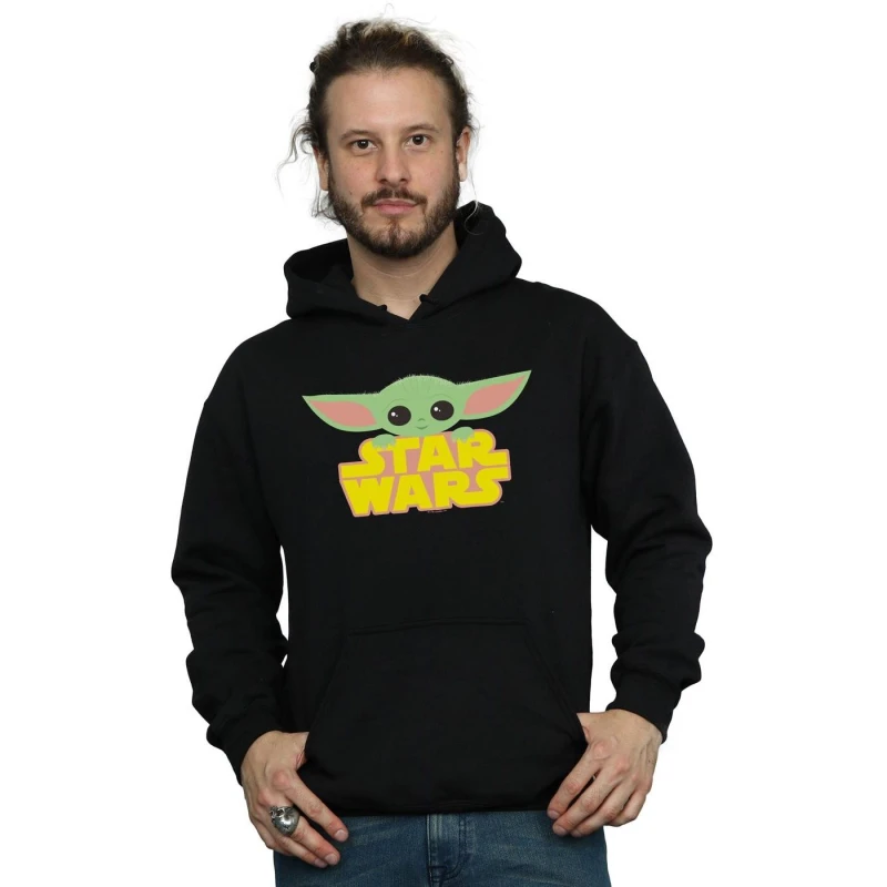Image of Star Wars Star Wars Men The Mandalorian The Child And Logo Hoodie in Black Size: Small Black S Male 5059400816549