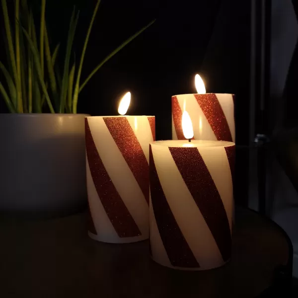 Image of Set of 3 Red and White Stripe Flickering Wax Candle Christmas Decoration