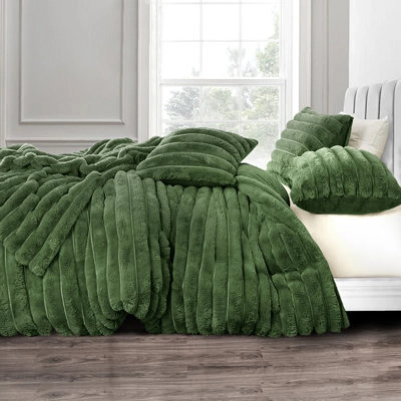 Image of Velosso Chunky Corduroy Fur Warm And Cosy Duvet Cover And Pillowcase Set - Olive