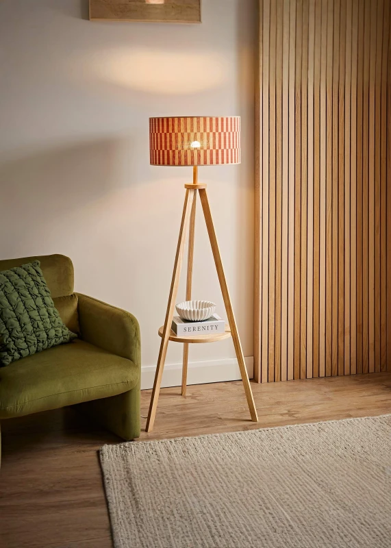 Image of ValueLights ValueLights Morrigan Shelf Tripod Floor Lamp with Orange Checker Bamboo Lamp Shade in Natural Natural One Size Unisex 5059406067686