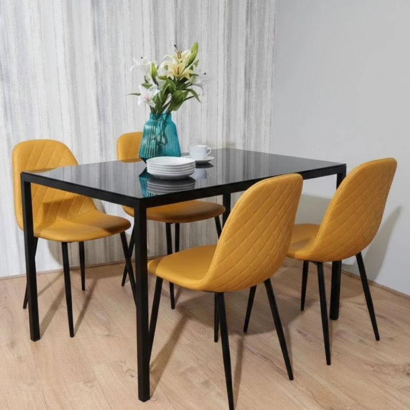 Image of KOSY KOALA Modern Black Glass Dining Table Set with 4 Mustard Faux Leather Chairs Size: 120cm x 70cm Mustard Unisex 120cm x 70 cm
