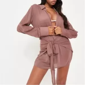 Image of Missguided Cheesecloth Tie Waist Beach Cover Up Shirt Dress - Brown