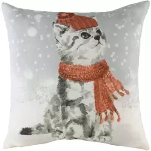 Image of Evans Lichfield Snowy Cat Cushion Cover (One Size) (Grey/Red) - Grey/Red