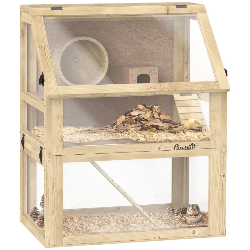 Image of PawHut Wooden Hamster Cage w/ Detachable Bottom, Hut, Seesaw, 60 x 40 x 75cm Natural