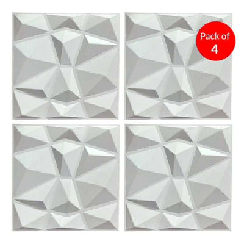 Image of Ener-J 3D Pvc Wall Panel Faceted Diamond Design White Size 500X500X1mm (Pack Of 4)